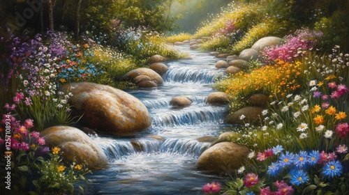 Serene Stream Through a Blooming Wildflower Meadow