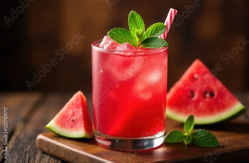 Watermelon cocktail in a glass on the background of the pool. Soft drinks. Summer vacation