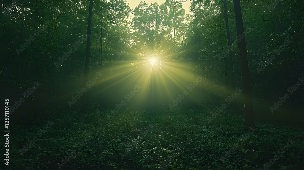 Obraz premium Photo - Enchanting Forest Sunlight Beams Nature Green Trees Light Rays