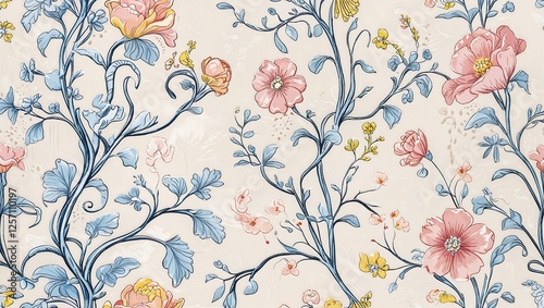 Wallpaper Mural Hand-Drawn French Toile Floral Pattern with Roses, Peonies, and Daisies in Muted Pastels on Dreamy Vintage Background Torontodigital.ca
