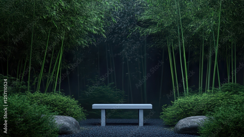 Serene Bamboo Grove with Minimalist Stone Bench in Tranquil Environment Serene Bamboo Grove with Minimalist Stone Bench in Tranquil Environment