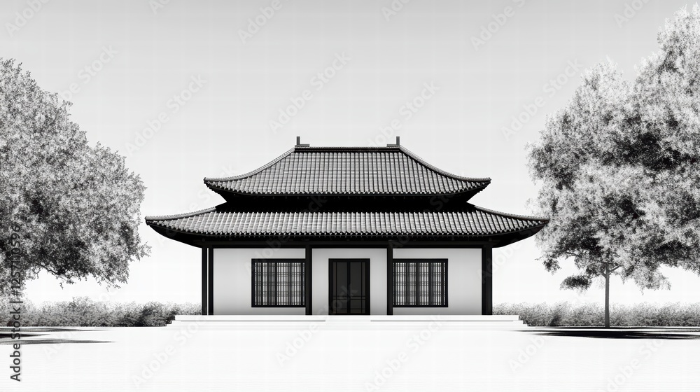Traditional Asian Architecture with Elegant Roof Design in Black and White Traditional Asian Architecture with Elegant Roof Design in Black and White