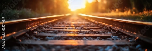 Railway Tracks at Sunset with Bokeh Effect and Vibrant Colors photo