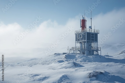 Telecommunication station surviving harsh winter conditions in snowy landscape