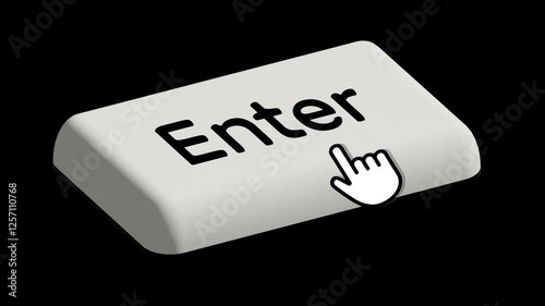 Hand cursor clicking the enter key, animated UI effect of a pointing hand pressing a keyboard button on a transparent background