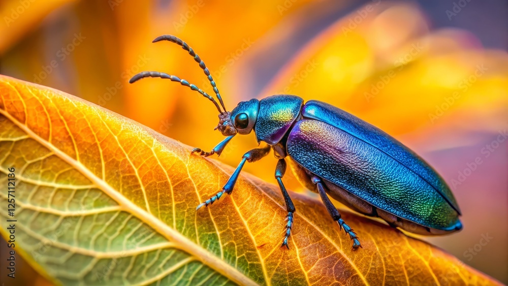 custom made wallpaper toronto digitalVibrant Blue Beetle Crawling on Bright Orange Leaf Above Ground