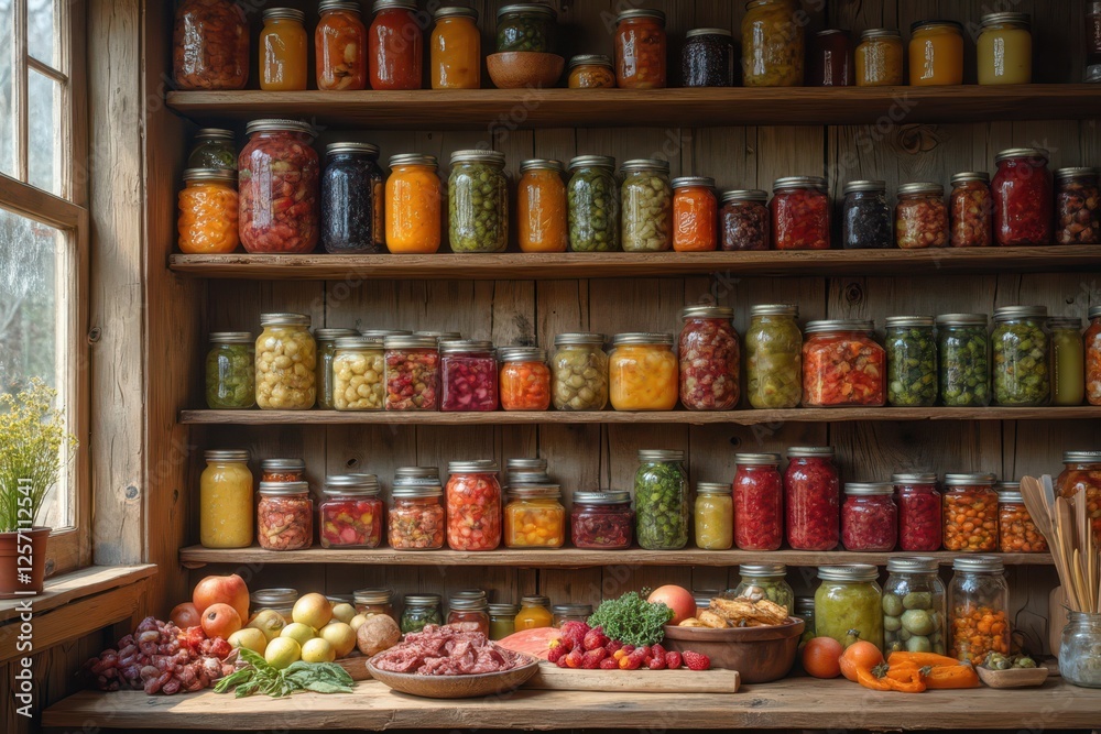 a shelf filled with jars of food a shelf filled with jars of food