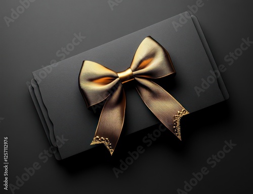 Elegant Black Gift Card with Golden Bow Wrapped in Ribbon on Dark Background