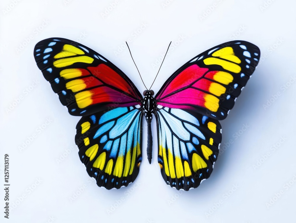 Obraz premium Colorful butterfly resting on a white background displaying detailed wing patterns and vibrant colors