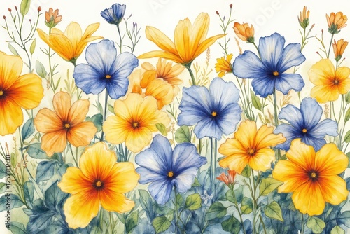 a painting of yellow and blue flowers