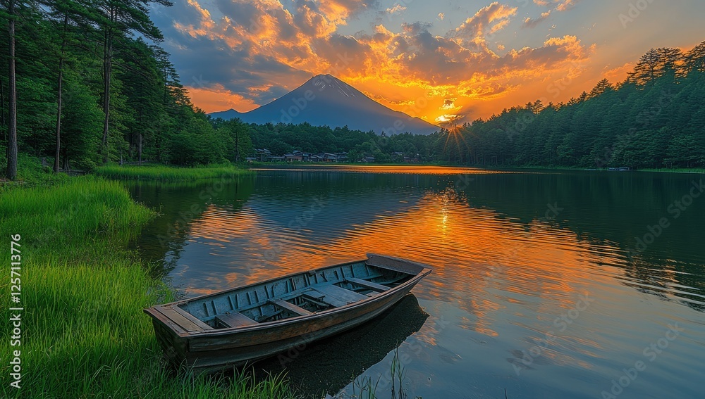 Obraz premium Serene Sunset Over Mountain Lake With Rowboat