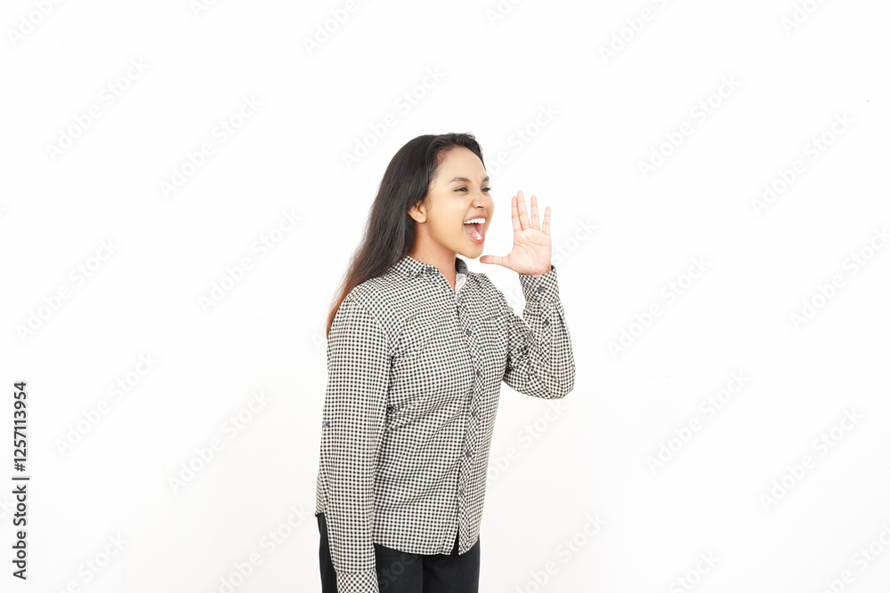 Smiling Hand over mouth shouting for to telling something announcement for sale promotion Of Beautiful Asian Woman Isolated On White Background Smiling Hand over mouth shouting for to telling something announcement for sale promotion Of Beautiful Asian Woman Isolated On White Background
