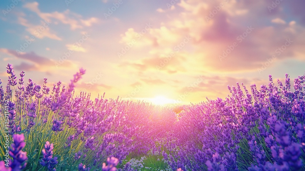 Obraz premium Vibrant Lavender Field Under a Stunning Sunset Sky