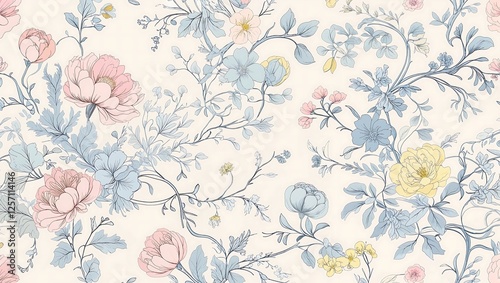 Wallpaper Mural Whimsical French Toile-Inspired Floral Pattern with Delicate Line Art Torontodigital.ca