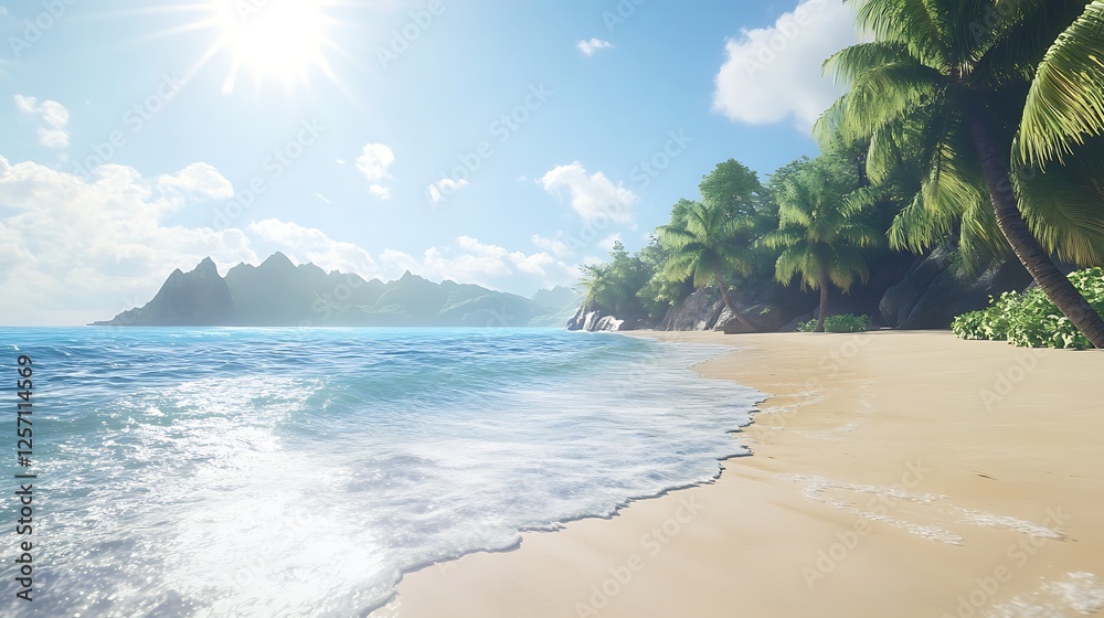 Refreshing summer scenery tropical beach azure waves lush green mountain landscape Refreshing summer scenery tropical beach azure waves lush green mountain landscape