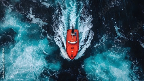 Aerial View of Red Tugboat Sailing on Rough Ocean Water Dramatic Waves