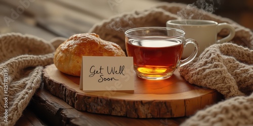 get well soon card with tea and croissant