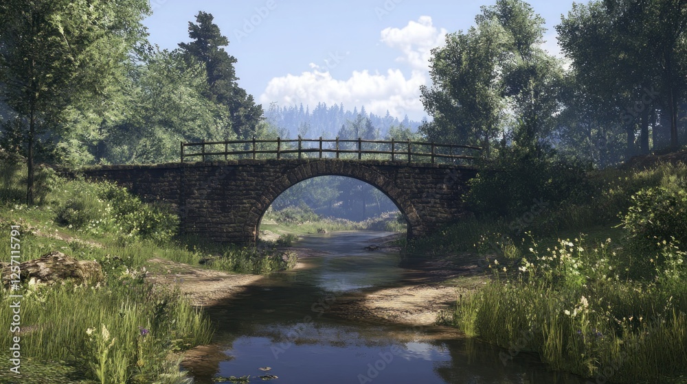 Stone arch bridge over a tranquil stream in a lush forest. Stone arch bridge over a tranquil stream in a lush forest.