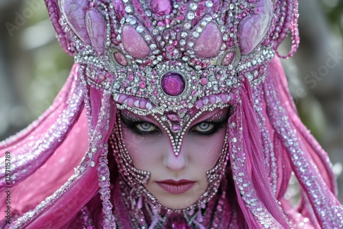 A woman in an elaborate pink and silver headdress, adorned with jewels, gazes intensely. photo