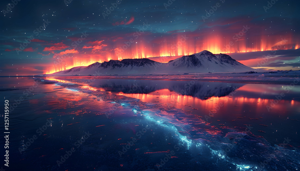 Naklejka premium Illustration - Aurora Borealis, Mountains, Reflection, Night Sky, Winter Landscape