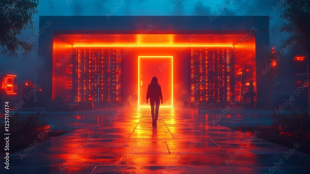 Obraz premium A Cyberpunk Wanderer: Woman Walking Towards a Glowing Neon Portal in a Dystopian Cityscape, Bathed in Red and Blue Hues.