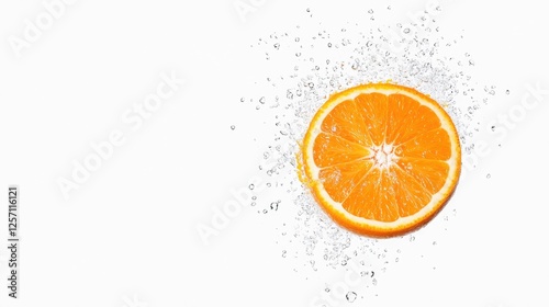 Fresh orange slice splashing in sparkling water, creating refreshing bubbles on a white background