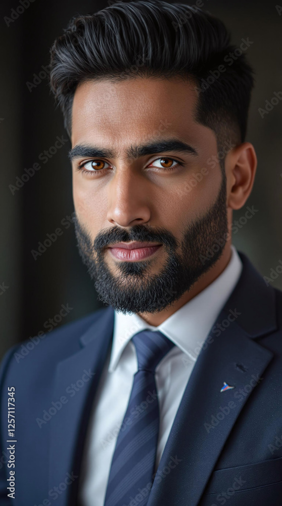 A photorealistic depiction of a South Asian man with neatly styled black hair deep brown eyes and a well-groomed beard wearing a tailored navy suit and a confident expression. A photorealistic depiction of a South Asian man with neatly styled black hair deep brown eyes and a well-groomed beard wearing a tailored navy suit and a confident expression.