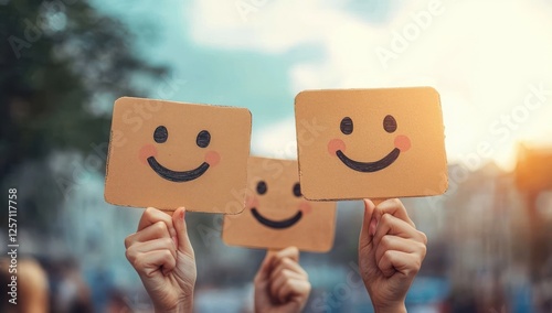 Customer Satisfaction Rating with Smiley Icons in Sky Background