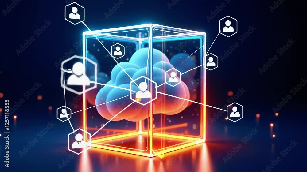 Digital cloud storage concept illustrating interconnected user profiles within a vibrant, futuristic environment Digital cloud storage concept illustrating interconnected user profiles within a vibrant, futuristic environment