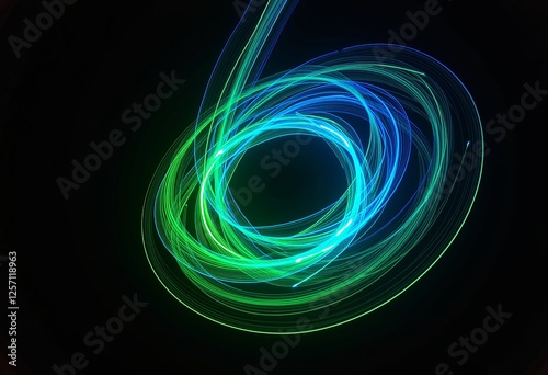 Abstract Green and Blue Light Swirls: Anamorphic Lens Captured Spiral Group on Dark Backdrop, Ideal for Futuristic Technology and Art Projects.

