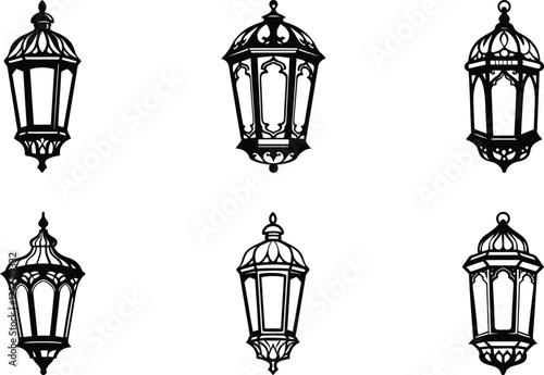 Set of a Festive Original Ramadan Lantern isolated premium vector art, Festive Original Ramadan Lantern silhouette and line art vector illustration design