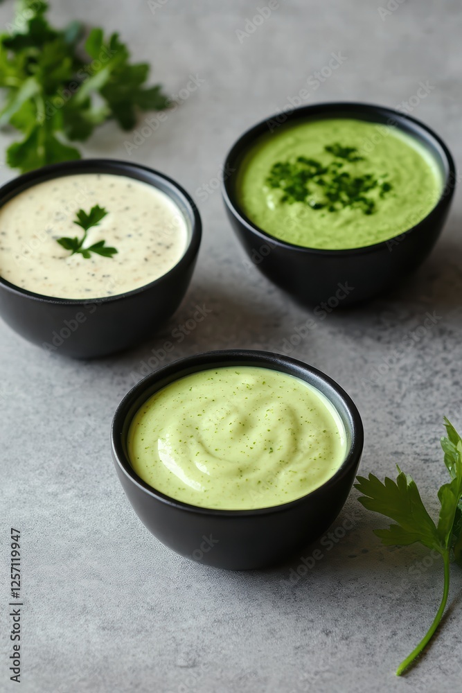 Three Bowls of Delicious Fresh Herb Dips on a Gray Surface Three Bowls of Delicious Fresh Herb Dips on a Gray Surface