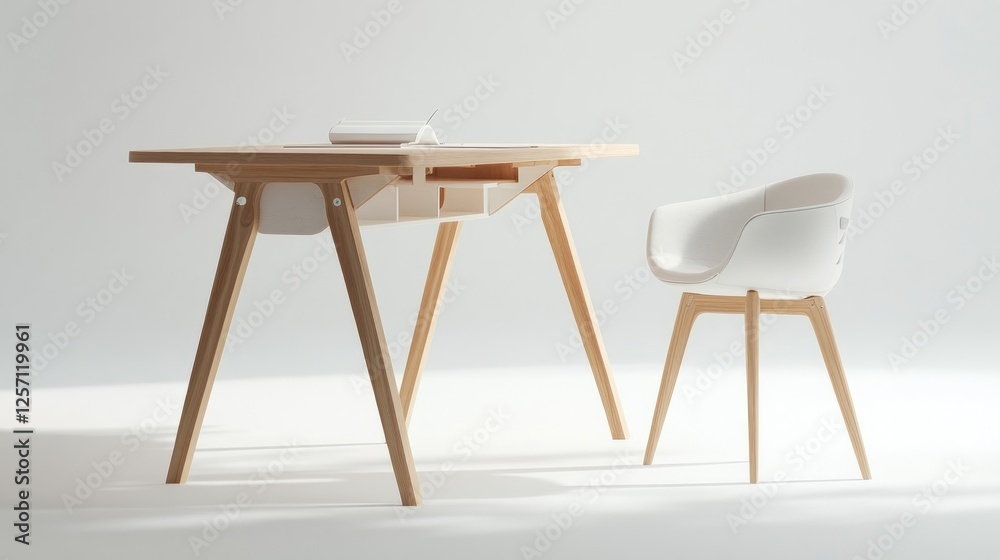 Minimalist wooden desk and chair in bright room Minimalist wooden desk and chair in bright room