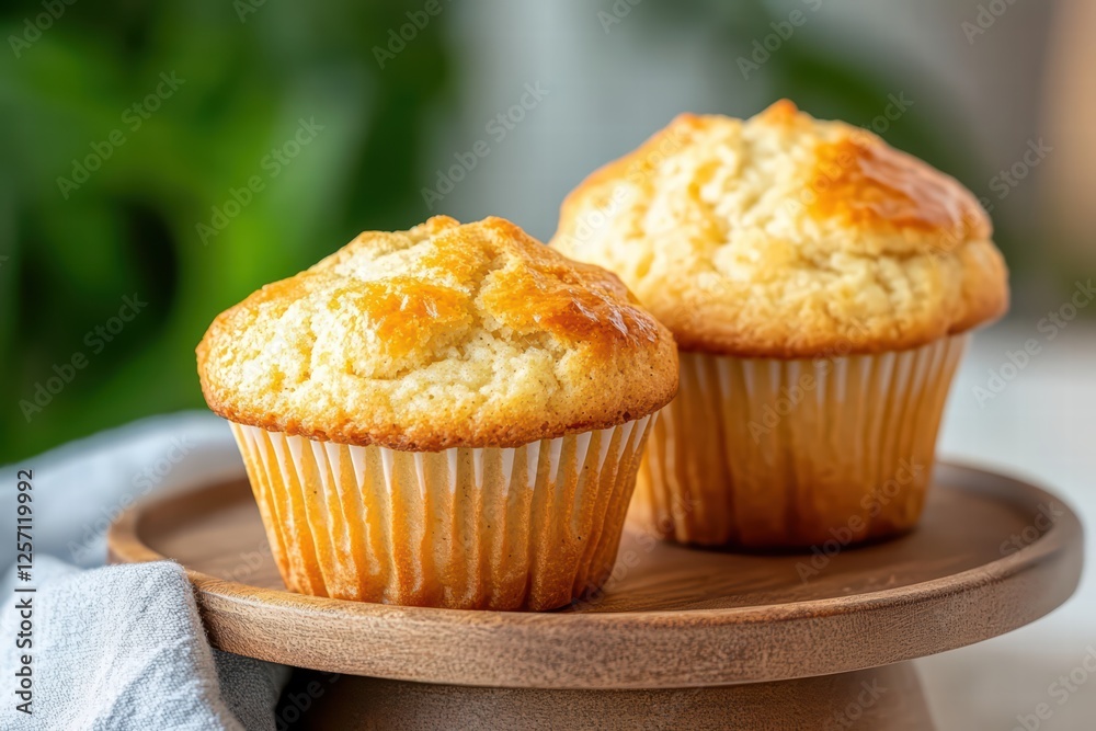 Freshly Baked Muffins on Wooden Plate with Green Background Freshly Baked Muffins on Wooden Plate with Green Background