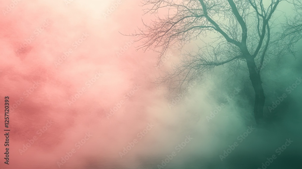 Obraz premium Misty autumn tree, fog, park, sunrise, dreamy background, design