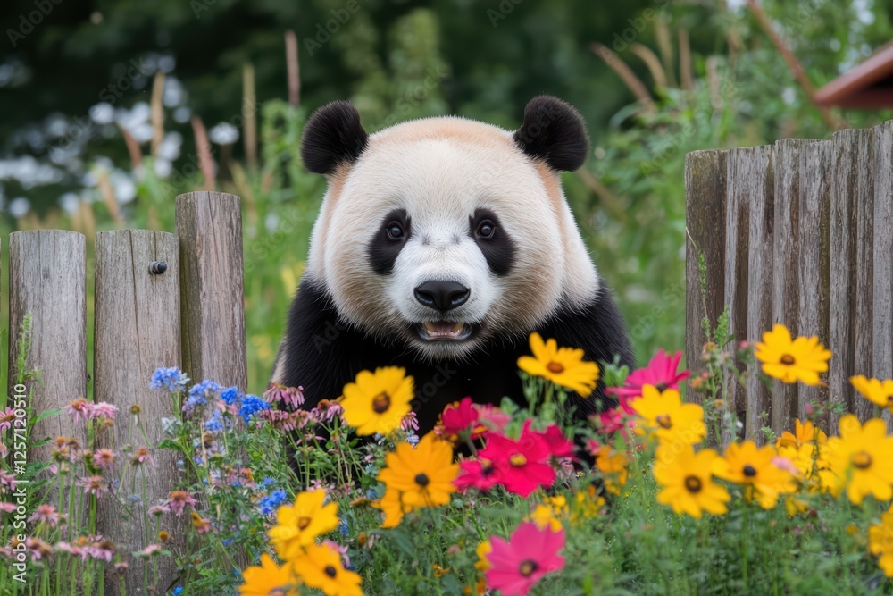 Fototapeta premium Adorable Giant Panda Surrounded by Colorful Flowers in Spring Garden