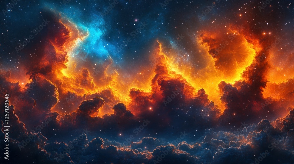 Vibrant cosmic nebula with fiery orange and blue hues illuminating the starry night sky Vibrant cosmic nebula with fiery orange and blue hues illuminating the starry night sky
