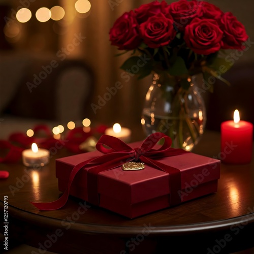 A beautifully wrapped red gift box with a gold Valentine tag, accompanied by a vase of red roses and several lit candles creating a warm, romantic atmosphere.
