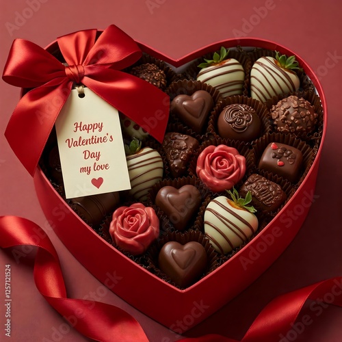A red heart-shaped gift box tied with a red ribbon and filled with various chocolate candies, accompanied by a 