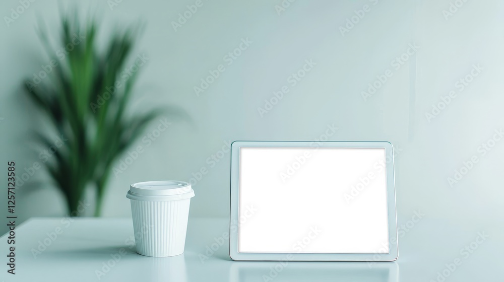 Fototapeta premium Marketing analytics data personalization concept. Blank tablet and coffee cup on a minimalistic table with greenery.