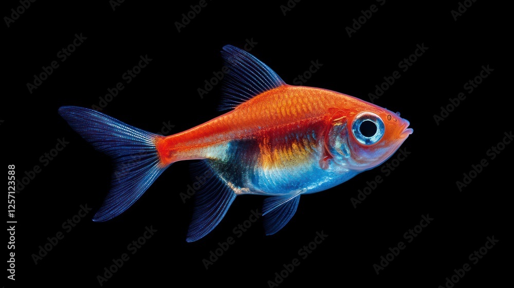 A vibrant goldfish swimming against a black background, showcasing its colorful scales. A vibrant goldfish swimming against a black background, showcasing its colorful scales.