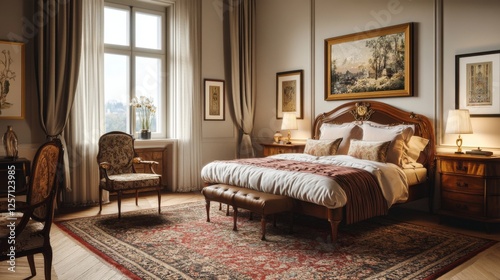 A classic bedroom with vintage furnishings  a soft rug  and framed art on the walls  creating a nostalgic and welcoming environment for rest