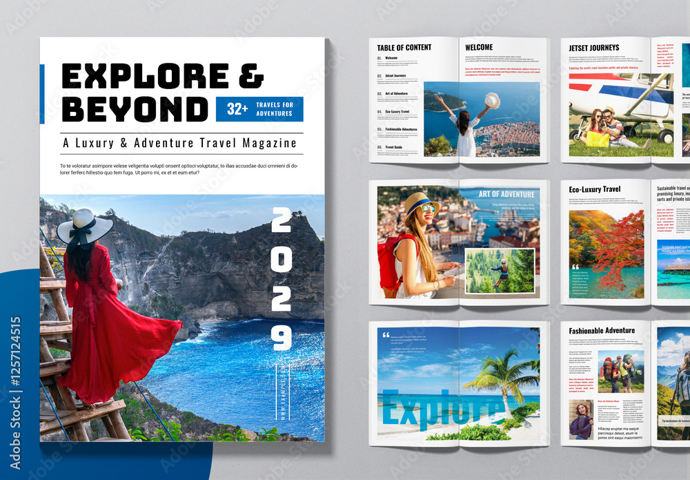 Travel Magazine Layout Examples Travel Magazine Layout With Blue Accents Stock Template | Adobe Stock