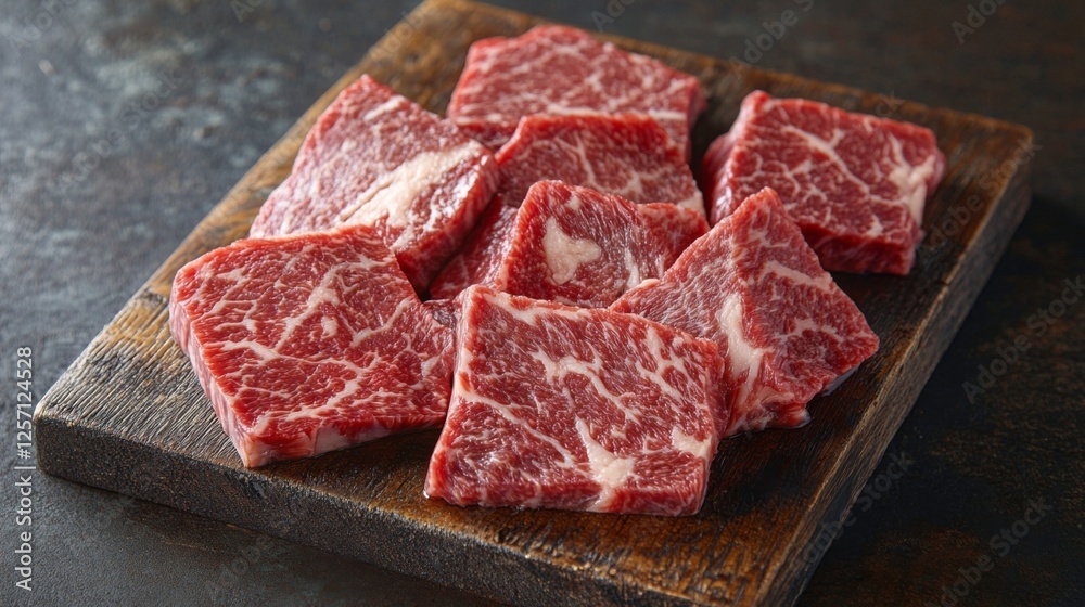 Fototapeta premium A close-up of a selection of fresh cuts of beef arranged on a wooden cutting board, showcasing the marbling and vibrant red color of the meat against a rustic backdrop
