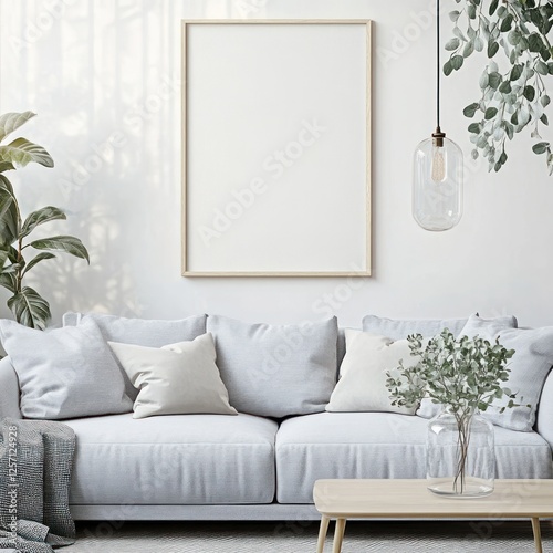 Minimalist Living Room Interior with Gray Couch and Greenery in Vase