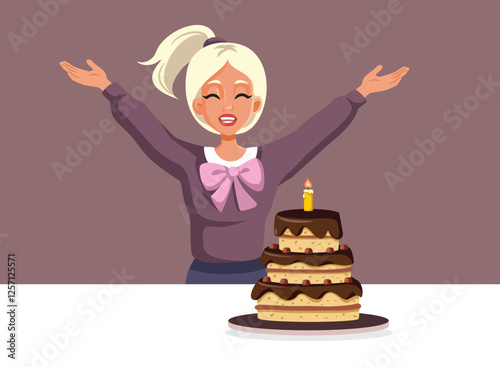 Happy Sweet Sixteen Girl Celebrating Birthday Vector Cartoon Illustration. teenager enjoying her anniversary partying with baked cake 
