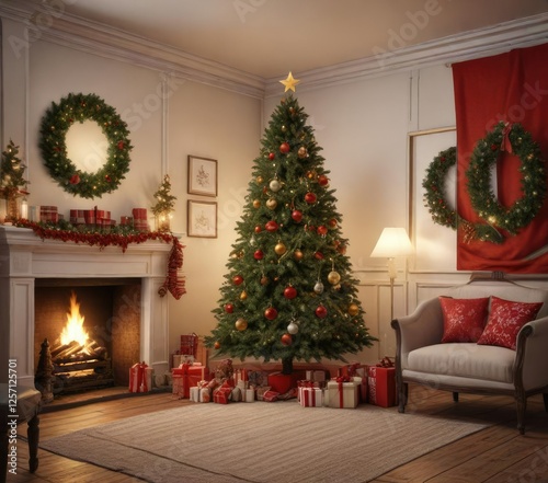Holiday-themed room with Christmas backdrop and tree  presents  snowy window  themed