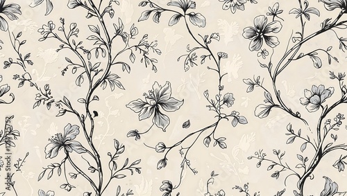 Hand-Drawn French Toile Floral Pattern with Roses, Peonies, and Daisies in Muted Pastels on Dreamy Vintage Background