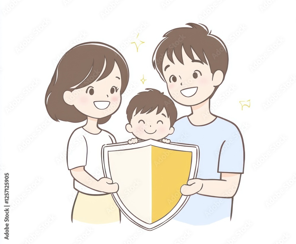 Happy Family Holding Shield Together Symbolizing Protection and Care Happy Family Holding Shield Together Symbolizing Protection and Care