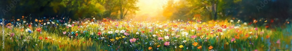 Obraz premium Spring Meadow with White Pink Daisies Yellow Dandelions Sunny Day Wildflowers in Green Grass
